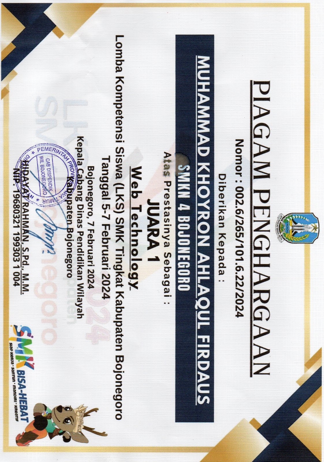 Juara 1 Web Technology LKS SMK Tingkat Kabupaten Bojonegoro